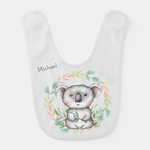 Happy Koala Bear Leaf Wreath Baby Bib