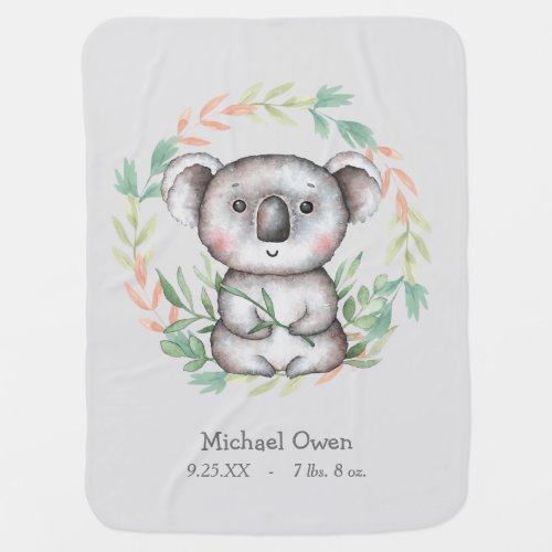 Happy Koala Bear Leaf Wreath Baby Blanket