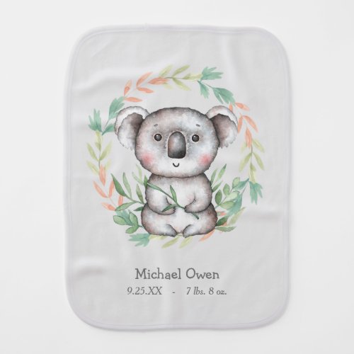 Happy Koala Bear Leaf Wreath Baby Burp Cloth