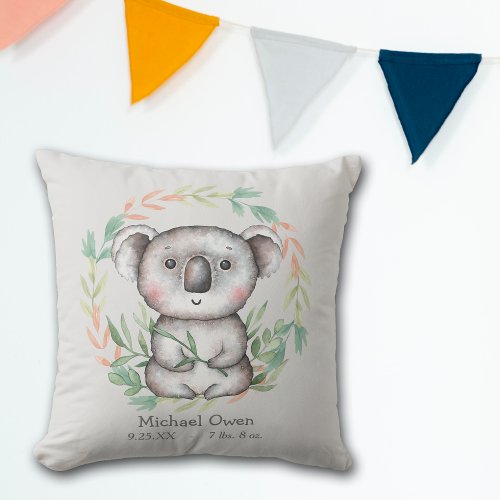 Happy Koala Bear Leaf Wreath Throw Pillow