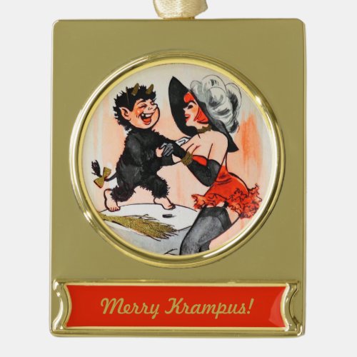 Happy Krampus with Temptress Vintage Christmas Gold Plated Banner Ornament