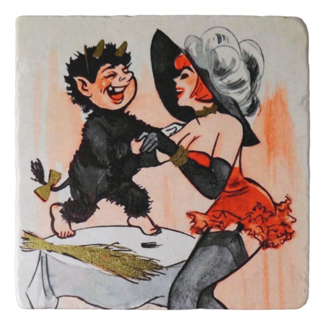 Happy Krampus with Temptress Vintage Christmas Trivet (Front)