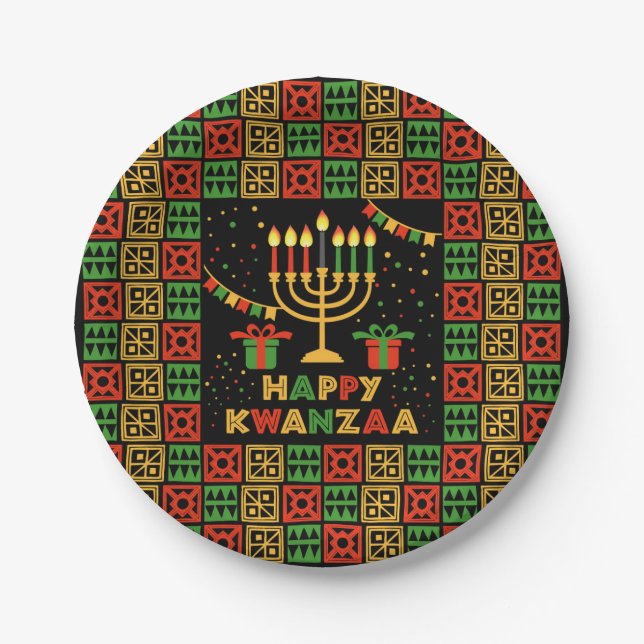 Happy Kwanzaa Candles Red Black Green Yellow 7" Paper Plates (Front)