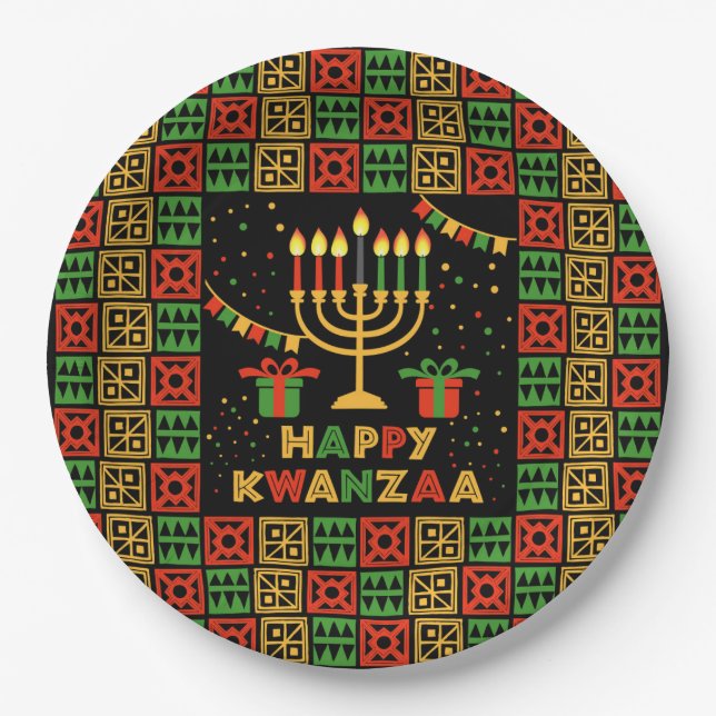 Happy Kwanzaa Candles Red Black Green Yellow 9"    Paper Plates (Front)