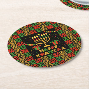 Happy Kwanzaa Candles Red Black Green Yellow Round Paper Coaster