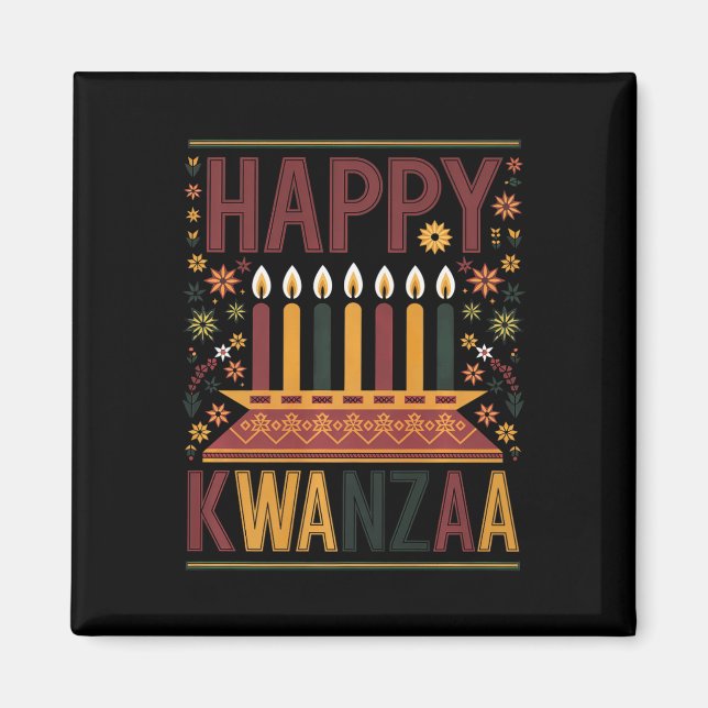 Happy Kwanzaa Celebration Kinara Candles And Flowe Magnet (Front)