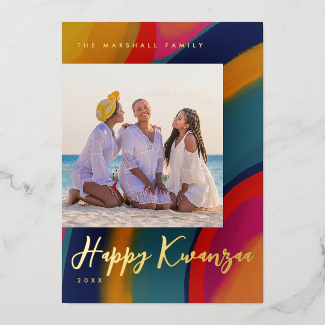 Happy Kwanzaa Hand Painted Holiday Photo Foil Card (Front)