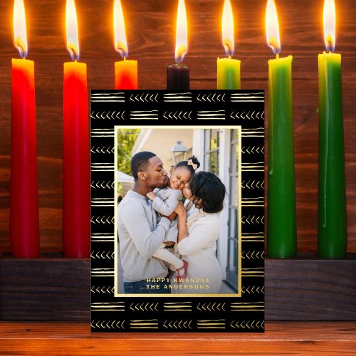 Happy Kwanzaa Modern Mudcloth Photo Black Gold Foil Holiday Card
