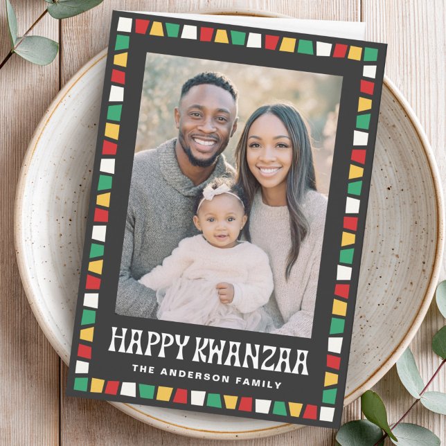 Happy Kwanzaa red green yellow mosaic border photo Holiday Card (Happy Kwanzaa red green yellow mosaic border photo Holiday Card)