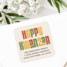 Happy Kwanzaa red green yellow text return address