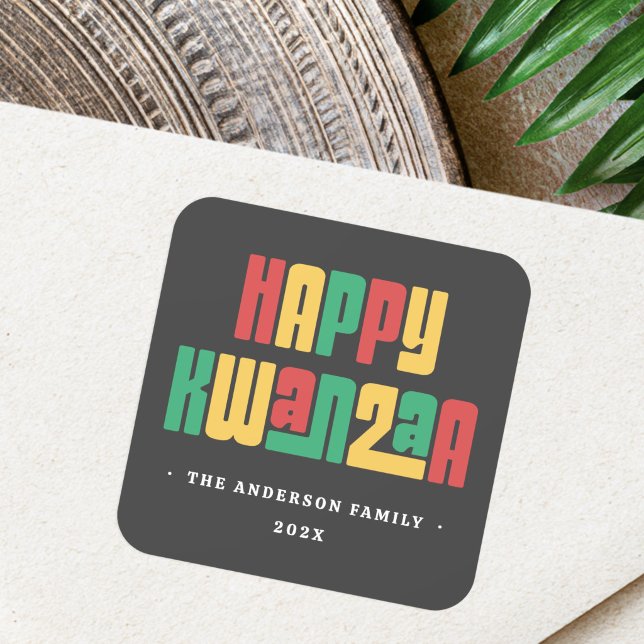 Happy Kwanzaa red green yellow text Square Sticker (Happy Kwanzaa red green yellow text Square Sticker)