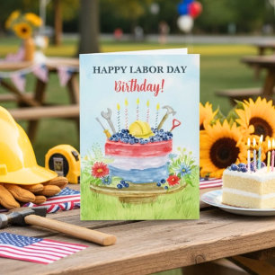 Happy Labor Day Birthday Cake with Blueberries Card