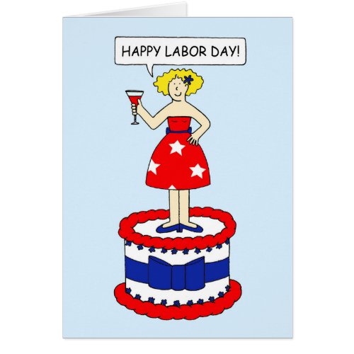 Happy Labor Day Cartoon Lady on a Giant Cake