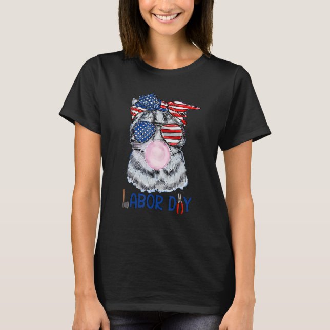 Happy Labor Day  Cat Bubble Gum America Flag T-Shirt (Front)