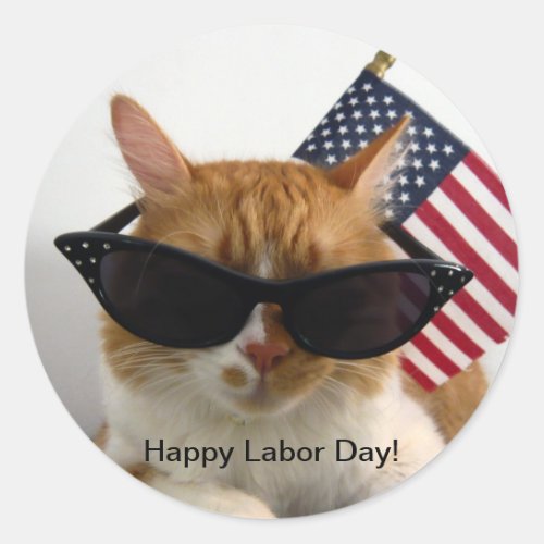 Happy Labor Day Cool Cat with Flag Sticker