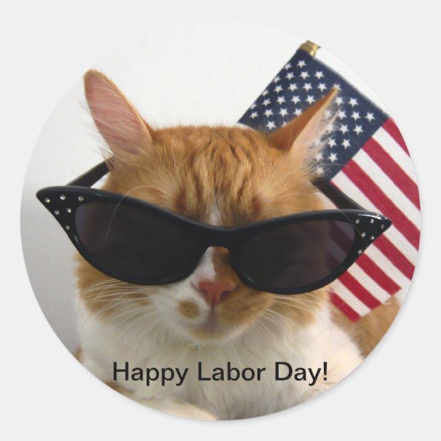 Happy Labor Day Cool Cat with Flag Sticker (Front)