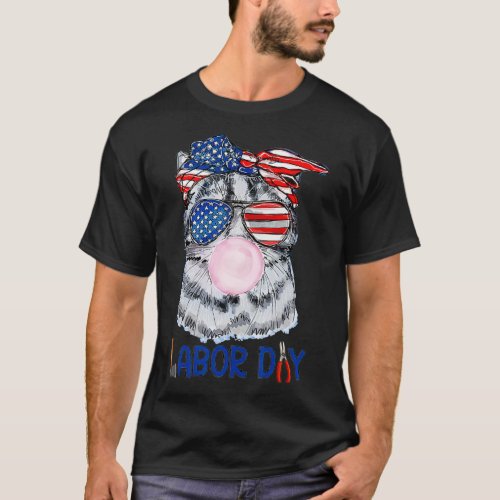 Happy Labor Day Funny Cat Bubble Gum America Flag  T_Shirt