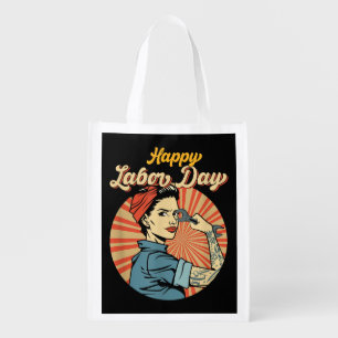 Happy Labor Day Girl Strong Worker Movement Employ Grocery Bag