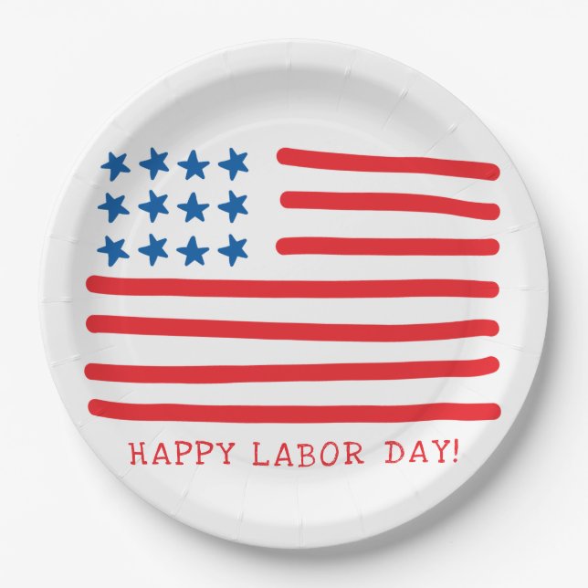 Happy Labor Day | Hand Drawn American Flag Paper Plates (Front)