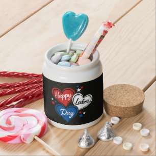Happy Labor Day Patriotic Hearts Red White Blue Candy Jar