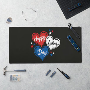 Happy Labor Day Patriotic Hearts Red White Blue Desk Mat