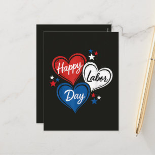 Happy Labor Day Patriotic Hearts Red White Blue Holiday Postcard