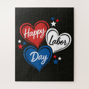 Happy Labor Day Patriotic Hearts Red White Blue Jigsaw Puzzle