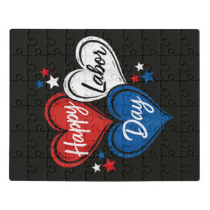 Happy Labor Day Patriotic Hearts Red White Blue Jigsaw Puzzle