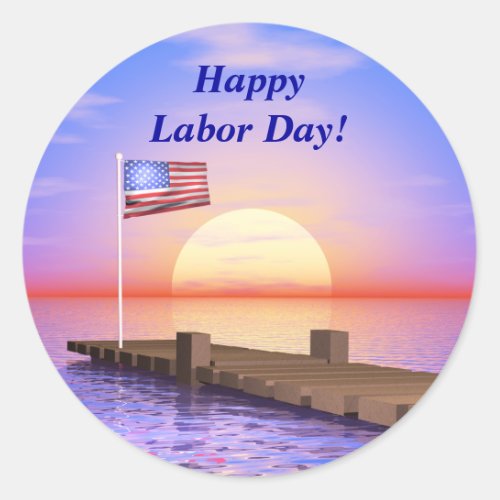 Happy Labor Day US Flag and Dock Classic Round Sticker