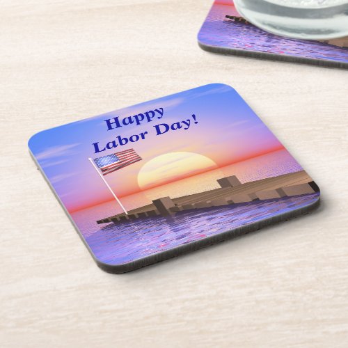 Happy Labor Day US Flag and Dock Drink Coaster