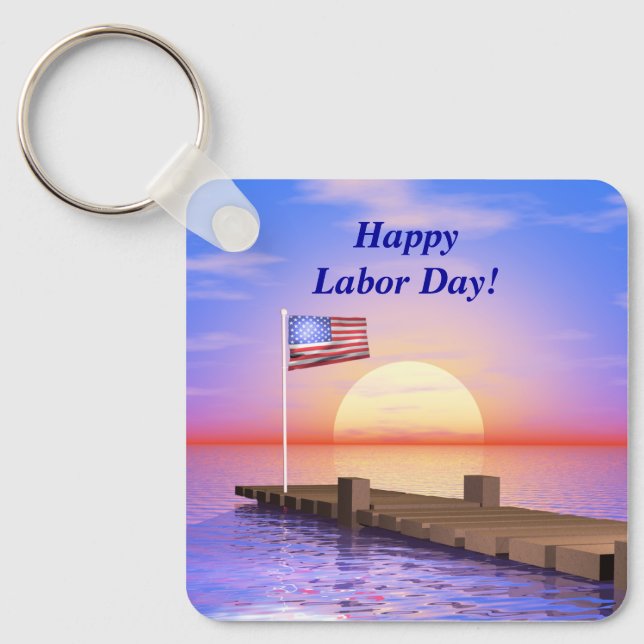 Happy Labor Day US Flag and Dock Keychain (Front)