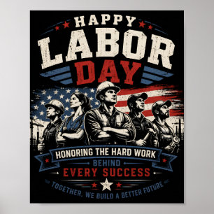 Happy Labor Day Vintage American Flag Workers  Poster