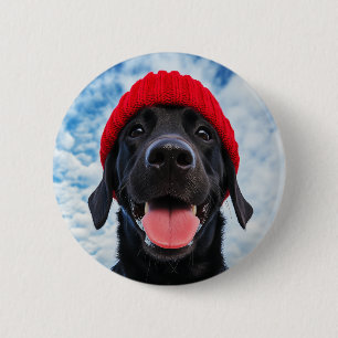 Happy Labrador in a Red Beanie Under a Blue Sky Button