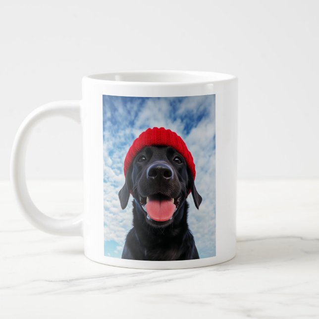 Happy Labrador in a Red Beanie Under a Blue Sky Giant Coffee Mug (Left)
