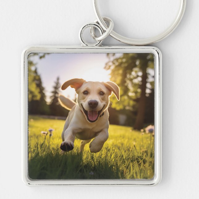 Happy Labrador Puppy Running  Keychain (Front)
