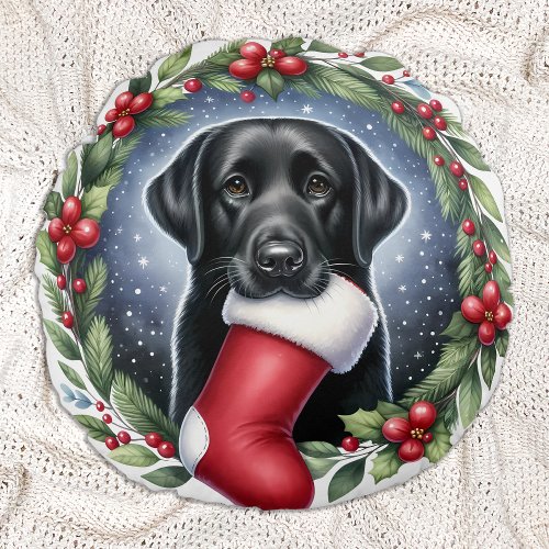 Happy Labrador Retriever Christmas Wreath Dog  Round Pillow