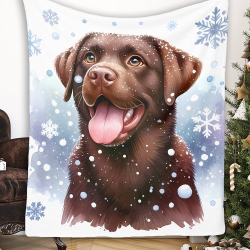 Happy Labrador Retriever Dog Winter Snowflakes Fleece Blanket