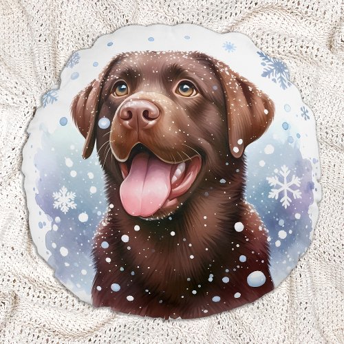 Happy Labrador Retriever Puppy Dog Snow Christmas  Round Pillow