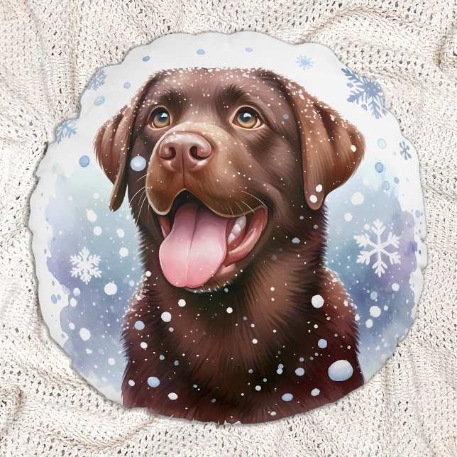 Happy Labrador Retriever Puppy Dog Snow Christmas  Round Pillow (Creator Uploaded)