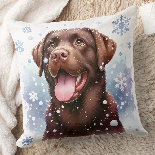 Happy Labrador Retriever Snow Puppy Dog  Throw Pillow