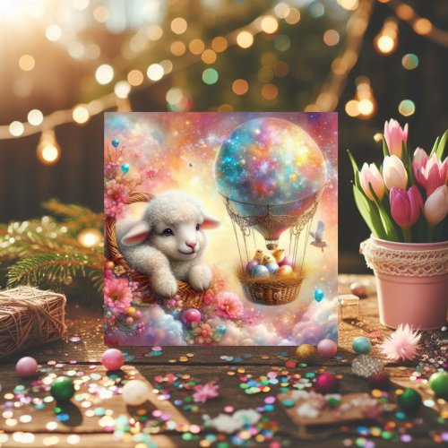 Happy Lamb Cute Baby Chicks Hot Air Balloon Easter Holiday Card