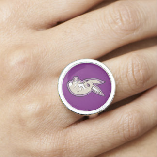 Happy Lavender Rabbit Pink Eyes Ink Drawing Design Ring