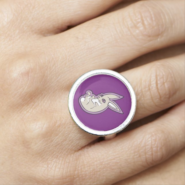 Happy Lavender Rabbit Pink Eyes Ink Drawing Design Ring (In Situ)