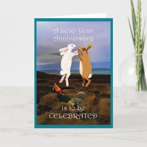 Happy Leap Year Anniversary Two Bunnies jumping Card