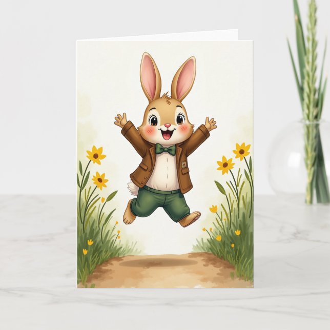 Happy Leaping Bunny Card (Front)