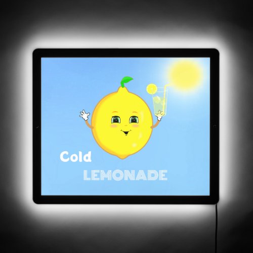 Happy Lemon with Cold Lemonade Glass on Light Blue LED Sign