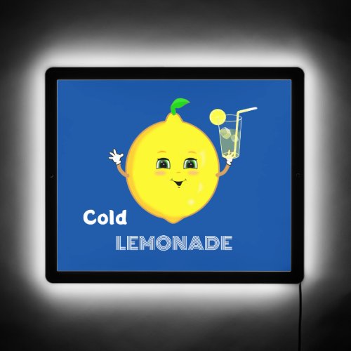 Happy Lemon with Cold Lemonade Glass on Royal Blue LED Sign