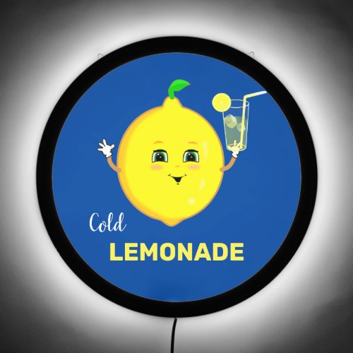 Happy Lemon with Cold Lemonade Glass on Royal Blue LED Sign