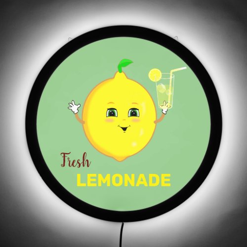 Happy Lemon with Fresh Lemonade Glass on Green LED Sign