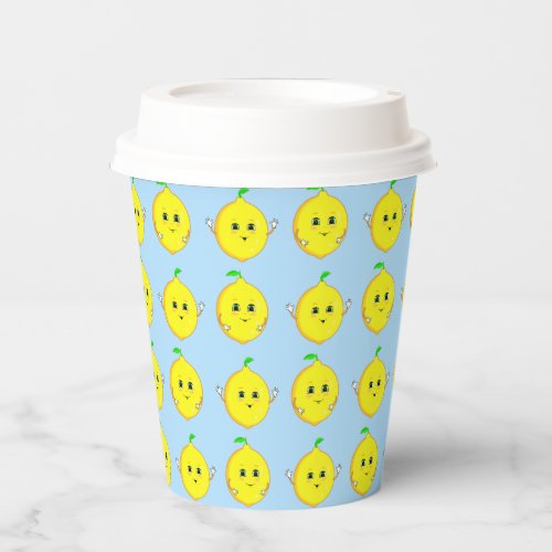 Happy Lemons on Light Blue Paper Cups